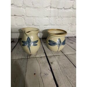 vintage blue iris pottery ceramic(  2 pc ) creamer and sugar bowl , handmade